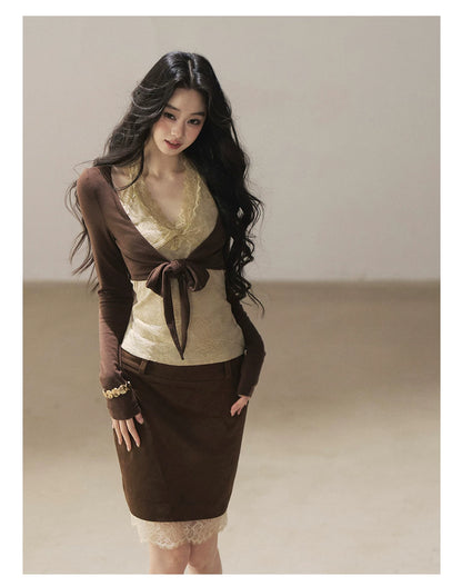 AOMALM - "Tender in This Moment" Rich Cocoa Faux Two-Piece Lace Top