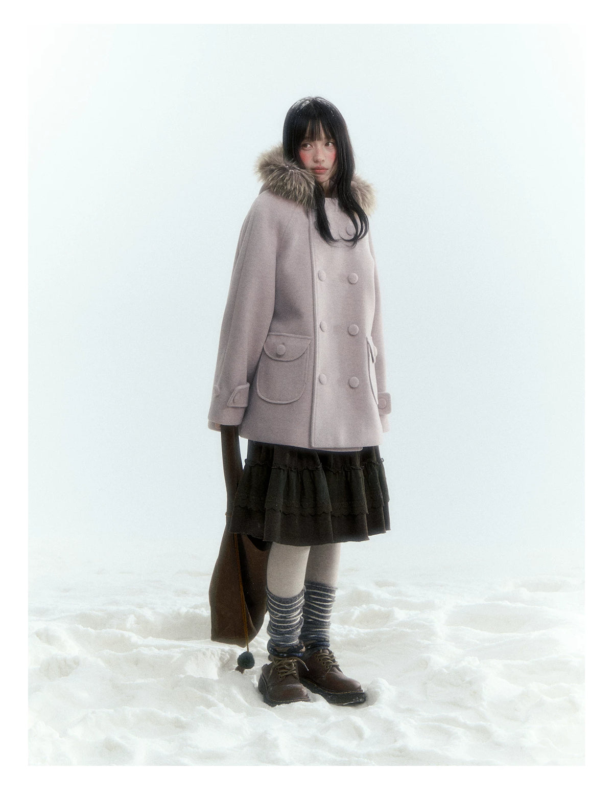 Japanese Hooded Double-Breasted Wool Coat (Deep Charcoal Gray / Taro Purple)
