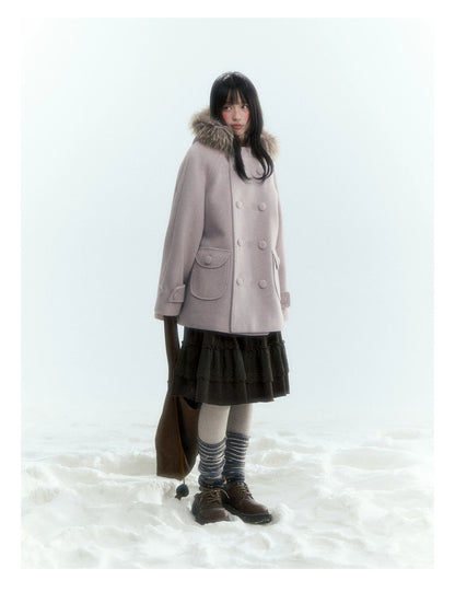 Japanese Hooded Double-Breasted Wool Coat (Deep Charcoal Gray / Taro Purple)
