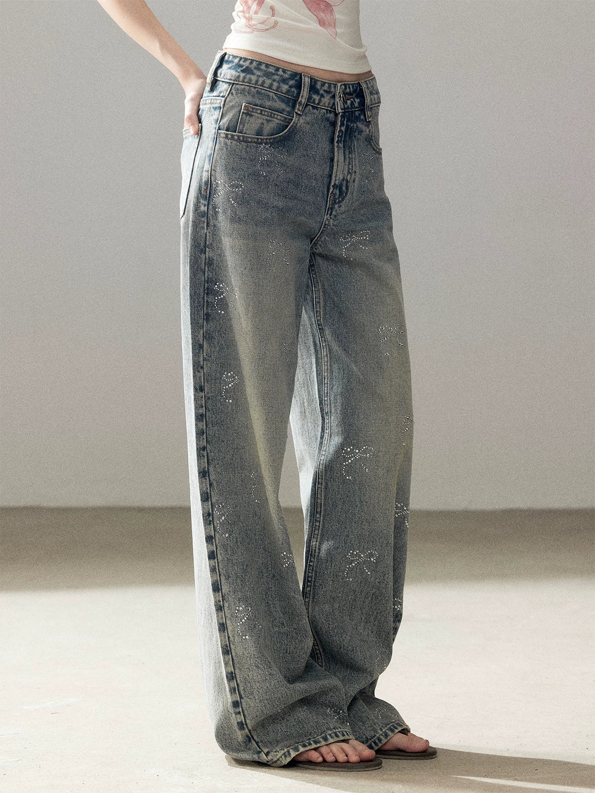 "Passing By the Sea" Vintage Blue Rhinestone Bow Wide-Leg Jeans