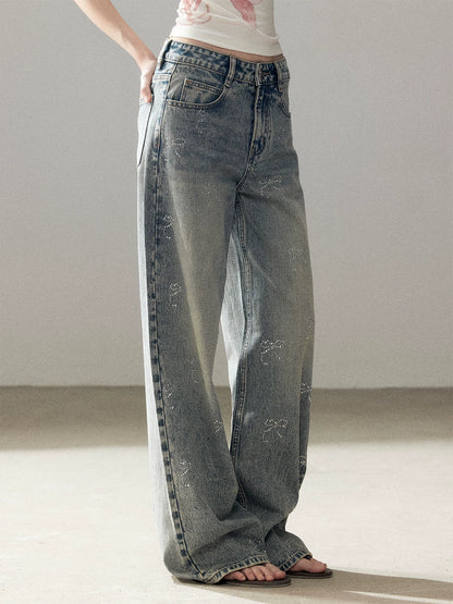 "Passing By the Sea" Vintage Blue Rhinestone Bow Wide-Leg Jeans