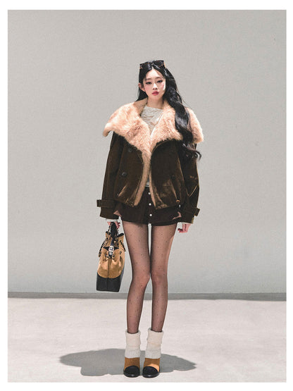 少也眼 "Winter Rendezvous" Coffee Brown Plush Fleece Jacket
