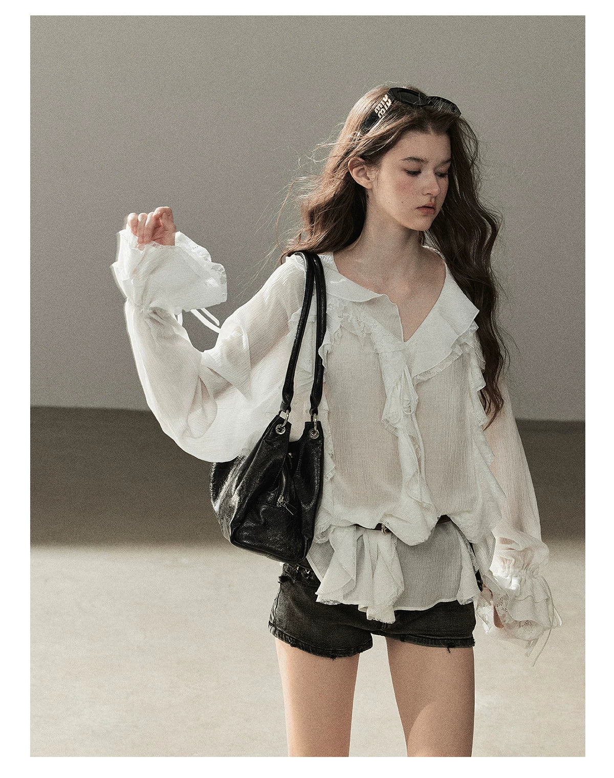 AOMALM - "A Featherlight Touch" French Camellia White Lace Chiffon Top with Belt (Camellia / Oatmeal / Cinnamon Pink)