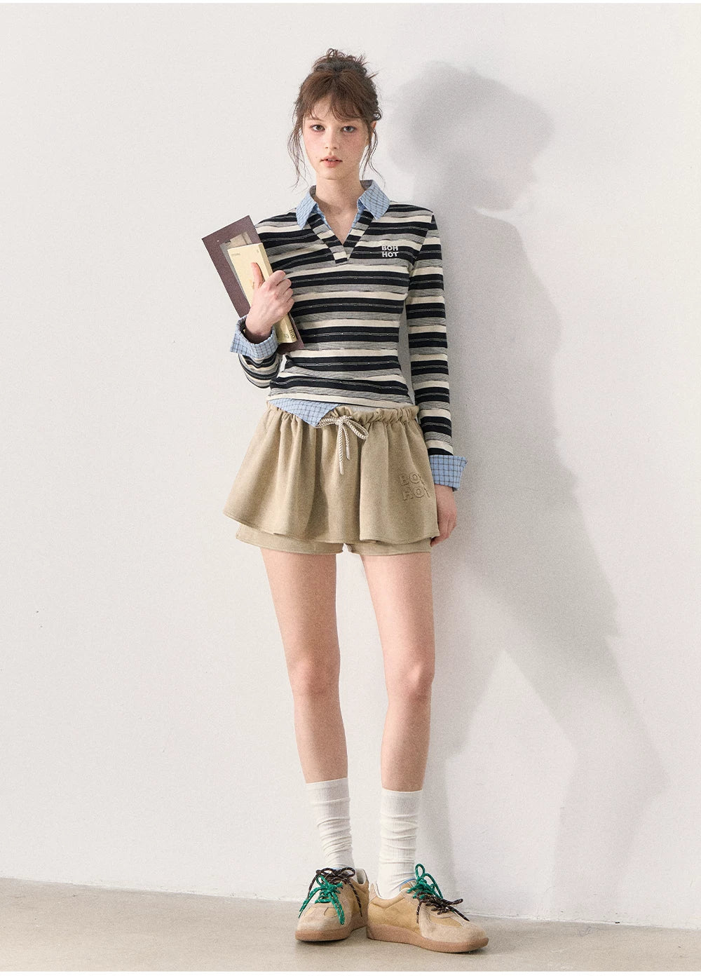 [TMMG] Miu-Inspired Striped Faux Two-Piece Long-Sleeve Polo Top