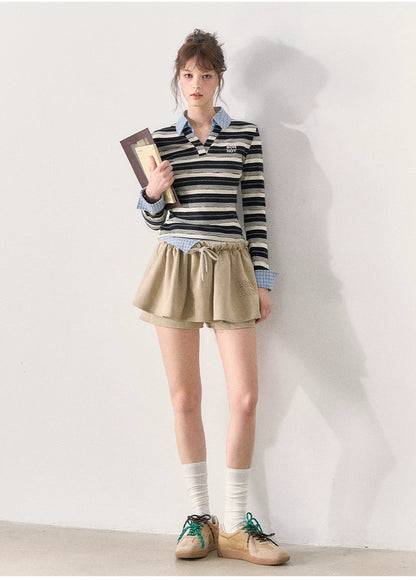 [TMMG] Miu-Inspired Striped Faux Two-Piece Long-Sleeve Polo Top