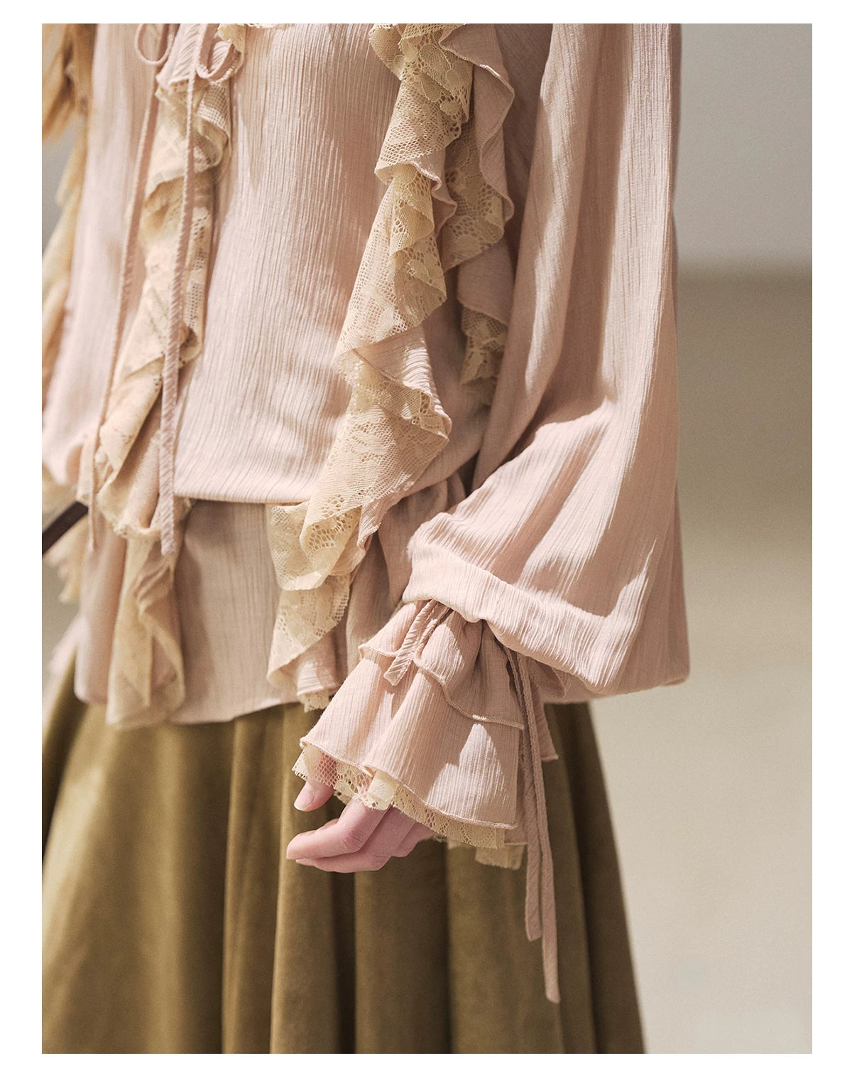 AOMALM - "A Featherlight Touch" French Camellia White Lace Chiffon Top with Belt (Camellia / Oatmeal / Cinnamon Pink)