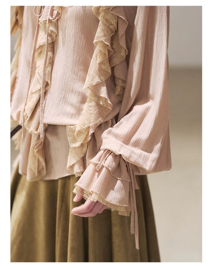 AOMALM - "A Featherlight Touch" French Camellia White Lace Chiffon Top with Belt (Camellia / Oatmeal / Cinnamon Pink)