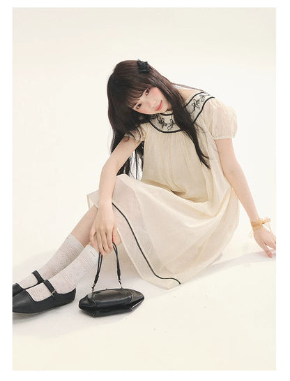 "Midnight Princess" Yellow Flower Rope Embroidered Babydoll Midi Dress