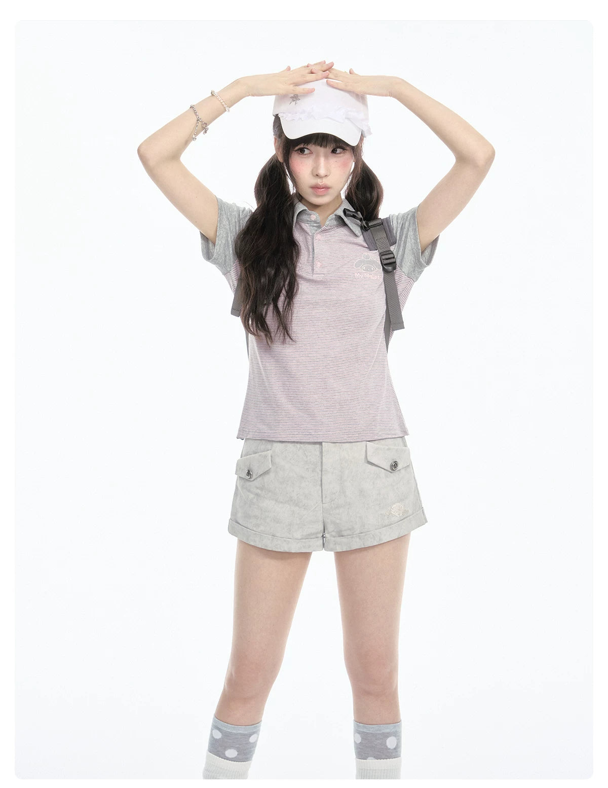 Contrast Stripe Light Gray Pink Polo Collar Short Sleeve Top / Shorts