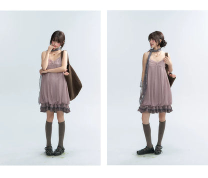 "Misty Lavender Reverie" Vintage Floral Lace Trim Midi Slip Dress