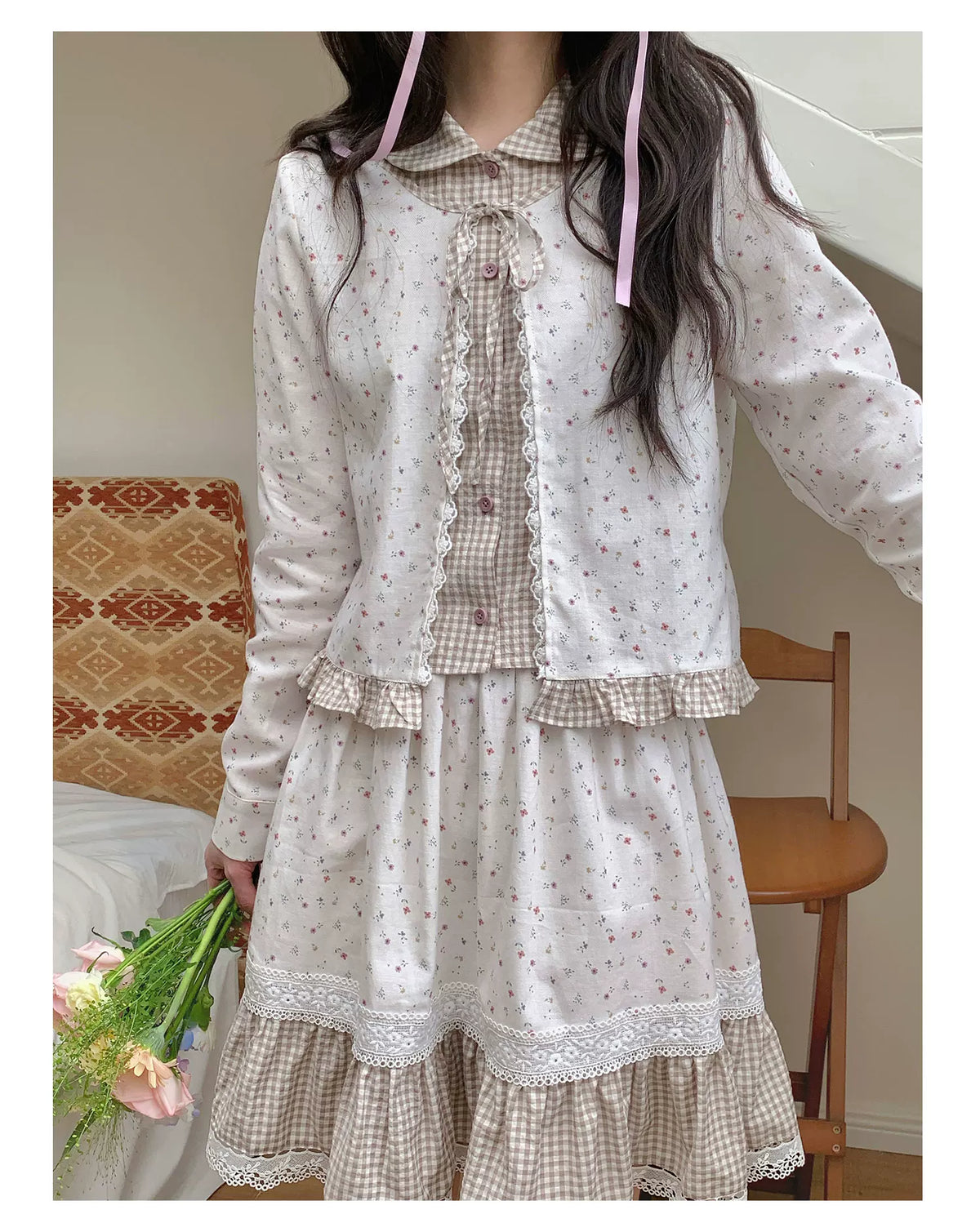 [RF] “Meadow Tea Party” Ivory & Light Brown Plaid Layered Blouse & Skirt Set