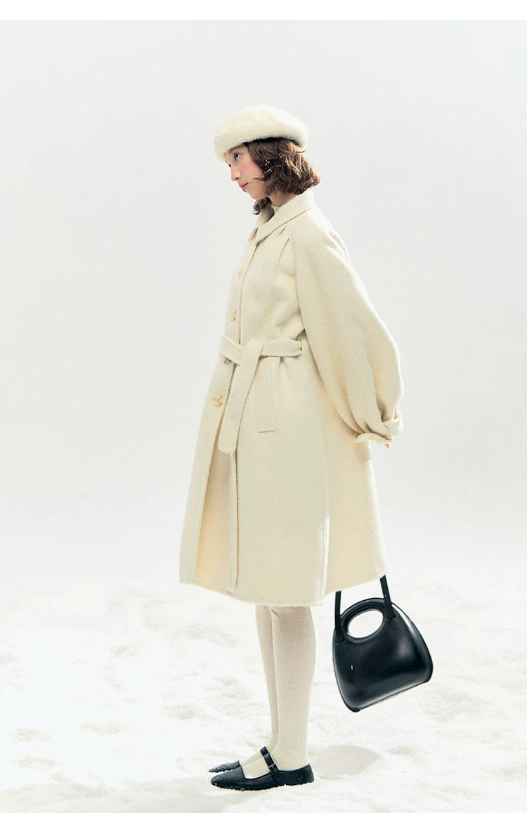 "Black & White Waltz" Hand-Stitched Wool-Blend Swing Coat (Ivory/ Black)