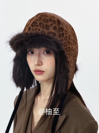 Mocha Brown Leopard Print Trapper Hat – Plush Ear-Flap Winter Hat