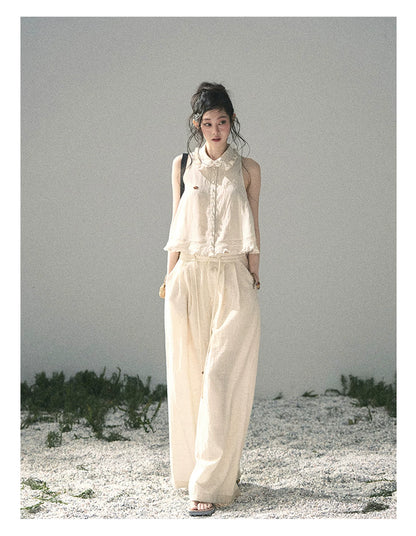 "Soft Cloud Reverie" Dutch Cream Lace Top & Bubble Skirt & Wide-Leg Pants Set 5468465