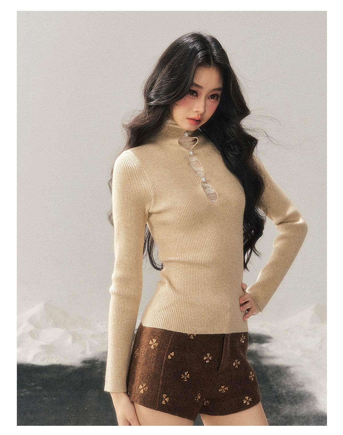 040126 "Lacewoven Dream" Mock Neck Layered Lace Knit Top - Cream Apricot
