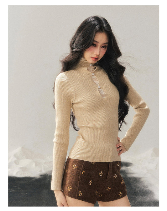 040126 "Lacewoven Dream" Mock Neck Layered Lace Knit Top - Cream Apricot