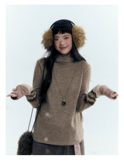 Horridale - Light Brown Colorblock High Cowl Neck Long Sleeve Top