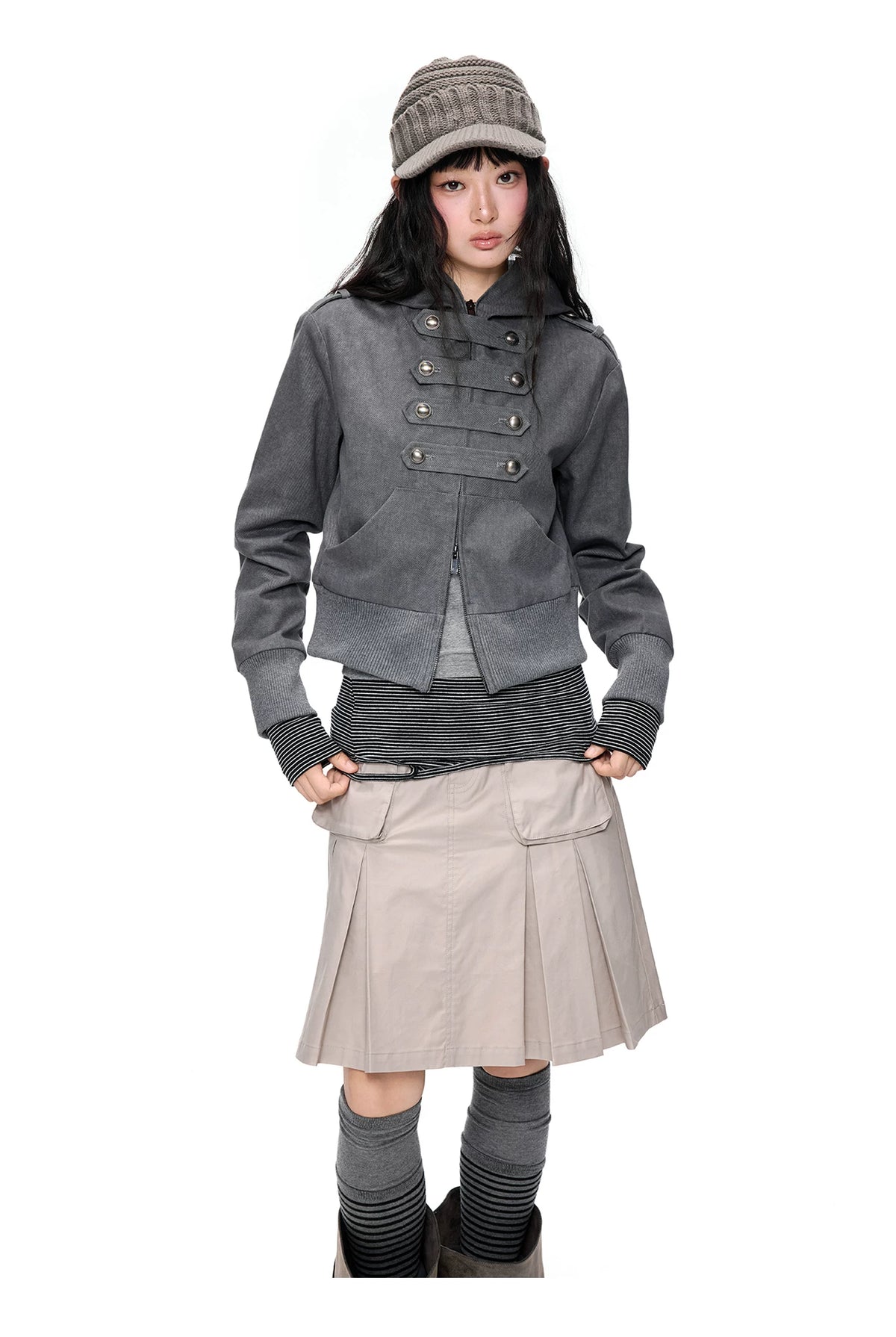 EZEK | Cropped Hooded Sweatshirt Jacket with Double Metal Snap Closure (Black / Gray)
