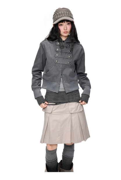 EZEK | Cropped Hooded Sweatshirt Jacket with Double Metal Snap Closure (Black / Gray)