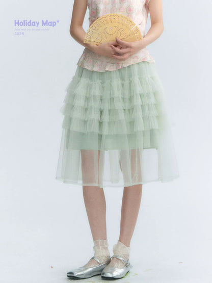 "Lime Mille-Feuille Glow" Peach Mist Chinese-Inspired Short Sleeve Top & Lime Green Tulle Tiered Skirt Set