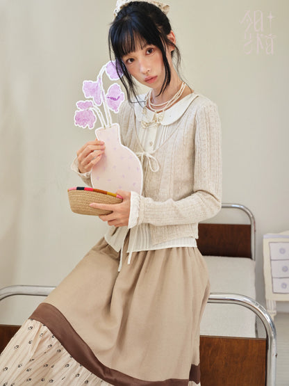 DAILY ARTIST - Warm Beige Faux-Layer Doll-Collar Tie Cardigan