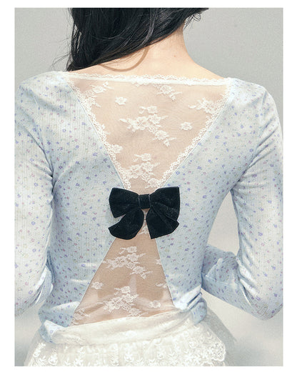 少也眼 "Heartbeat Pause" Baby Blue Back Lace Cut-Out Top 53685634