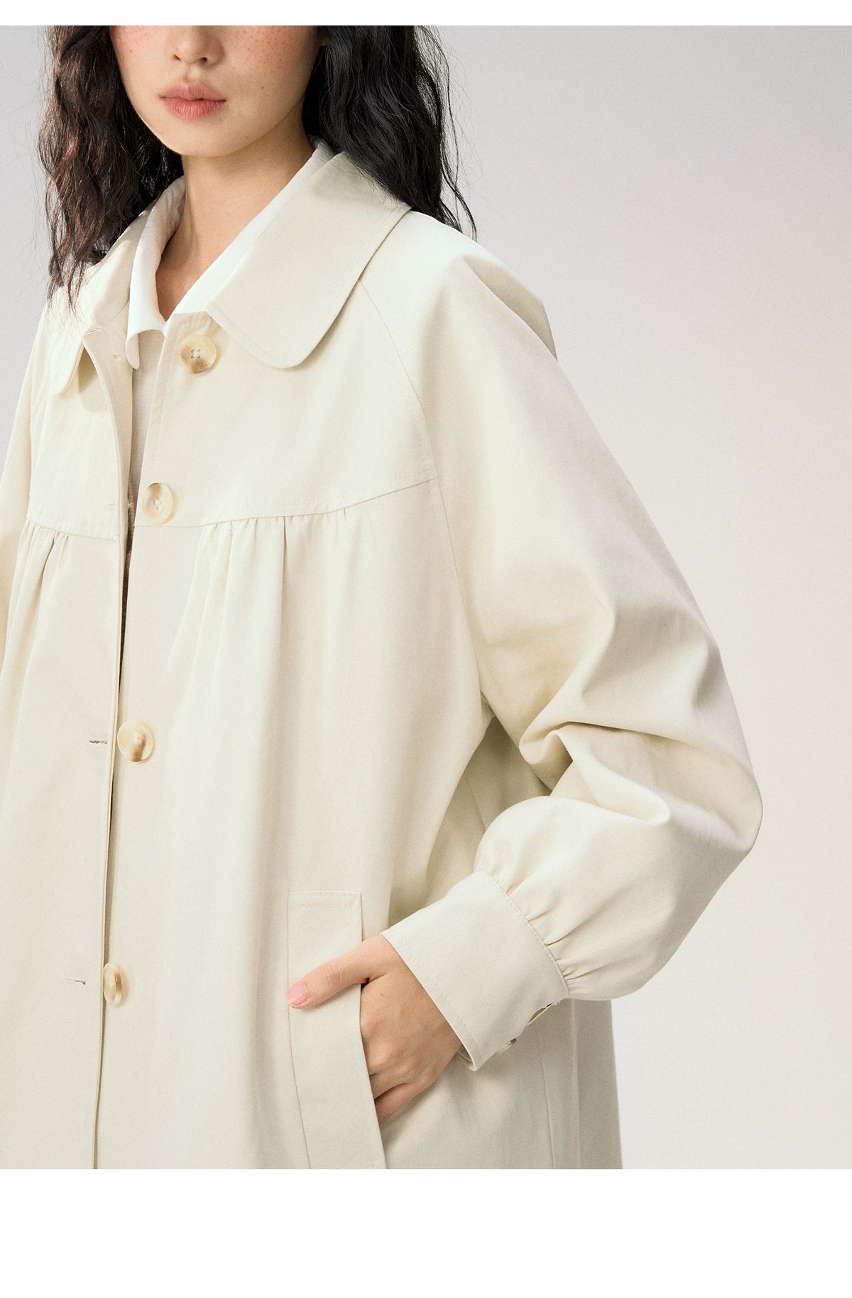 [CAN] “Oat Check Collar” Apricot Bow Cape Collar Trench Coat