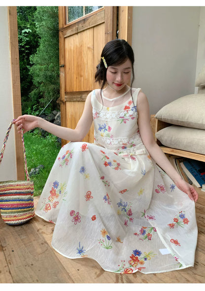 [RF] “Sunlit Wildflower Reverie” Ivory Floral Tulle Maxi Dress