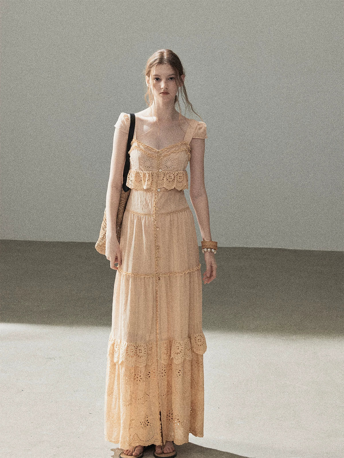 "Where May Meets the Sea" Cinnamon Pink Ruffle Tiered Maxi Dress