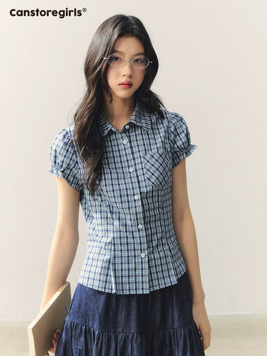 "Cheongdam Girl Mood" Fitted Plaid Puff Sleeve Blouse LL2026049