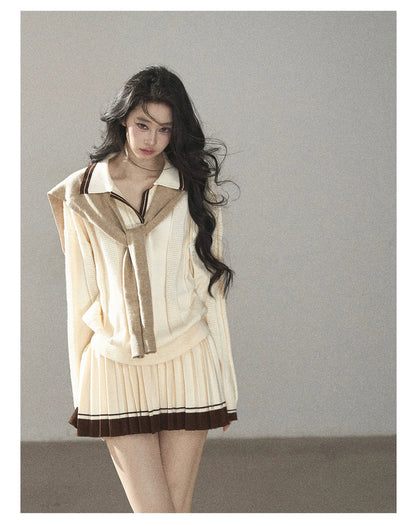 AOMALM - Dutch Cheese Knit Top & Pleated Mini Skirt Set with Khaki Shawl