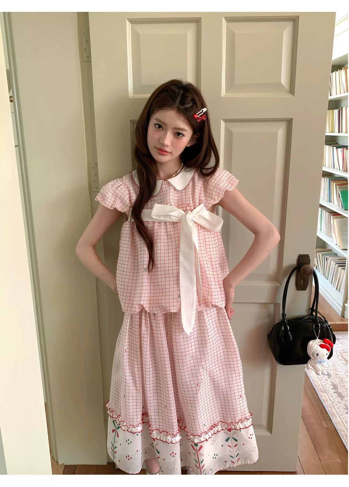 [RF] “Pink Camellia” Cherry Red Plaid Bow Two-Piece Set
