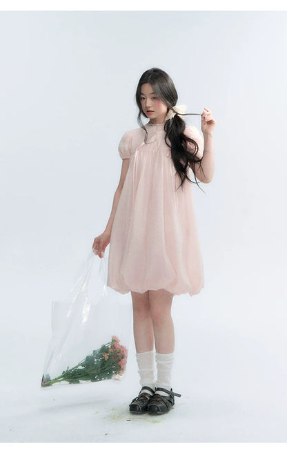 "Little Princess" Strawberry Pink Lace Bow Bubble Hem Midi Dress