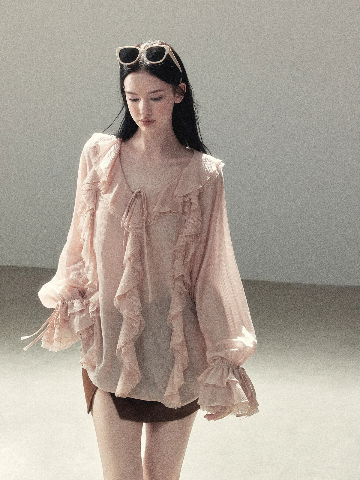AOMALM - "A Featherlight Touch" French Camellia White Lace Chiffon Top with Belt (Camellia / Oatmeal / Cinnamon Pink)