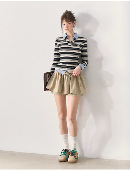 [TMMG] Miu-Inspired Striped Faux Two-Piece Long-Sleeve Polo Top