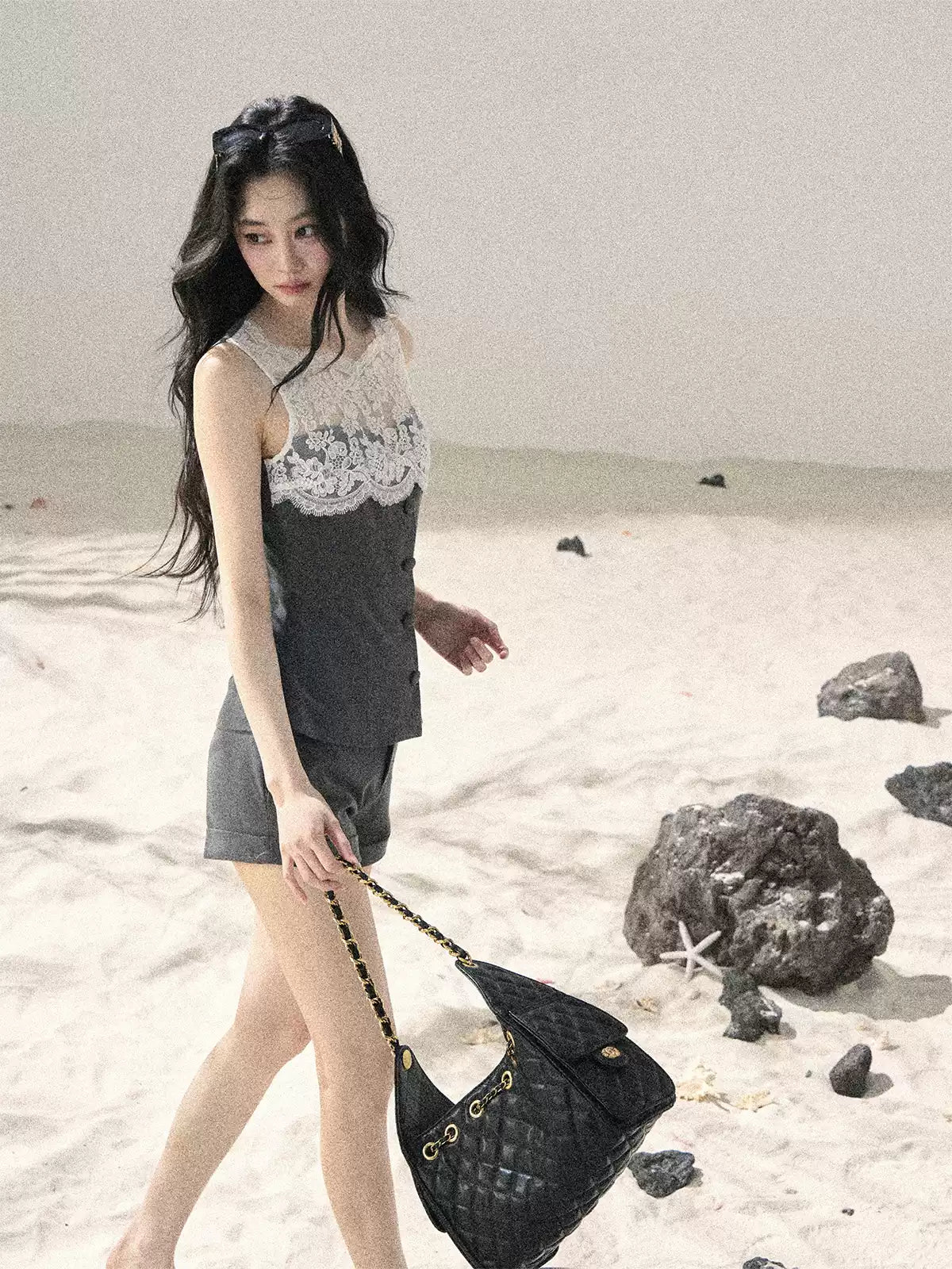 "Blossoms Through the Mist" Moon Mist Gray Lace Top & Tailored Shorts Two-Piece Set