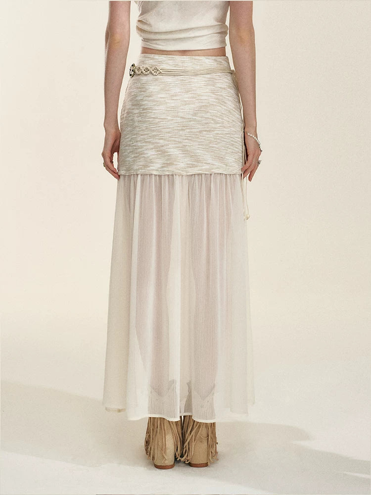 Apricot Sheer-Panel Midi Skirt