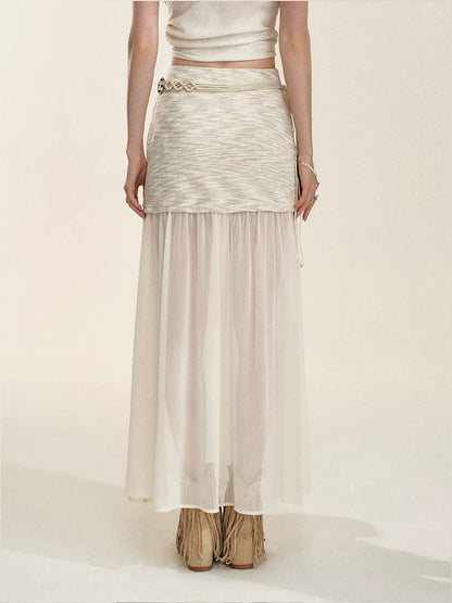Apricot Sheer-Panel Midi Skirt