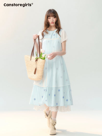 "Soft Bloom Chronicle" Blue Floral Dress & Apricot Cami Set
