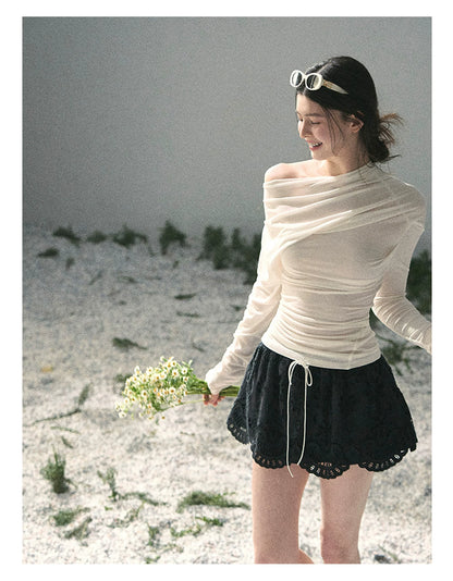 “Where Shadow Walks Beside Light” Milk Apricot Asymmetrical Top