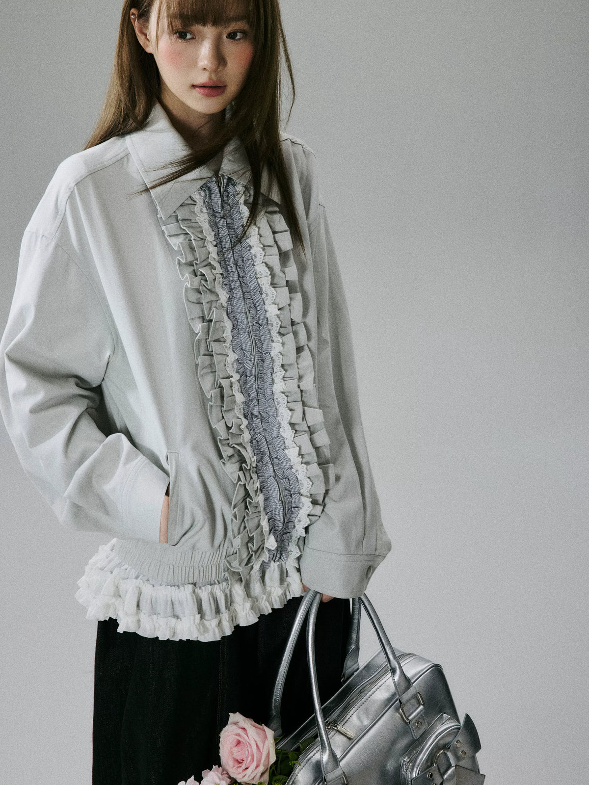 LOST FOREST - Silver Gray Ruffle-Trim Cotton Jacket