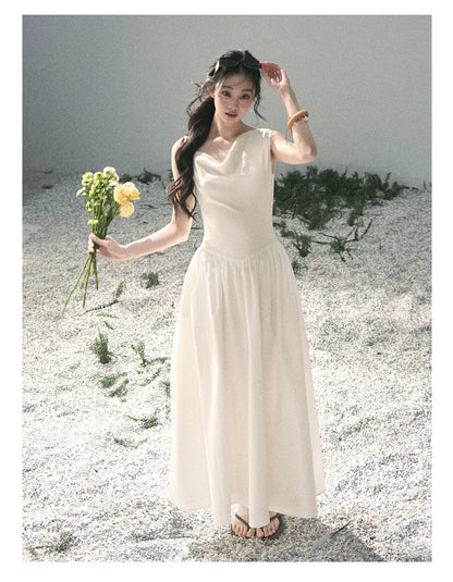 "Moonlight Sonata" Camellia White Elegant Sleeveless Maxi Dress