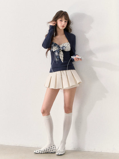 [TMMG] French Retro Polka Dot Plaid Bow Fitted T-Shirt (Deep Navy)