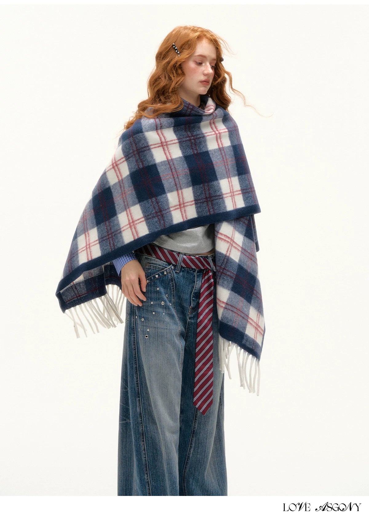 ASGONY - Navy Plaid Fringe Wrap Scarf