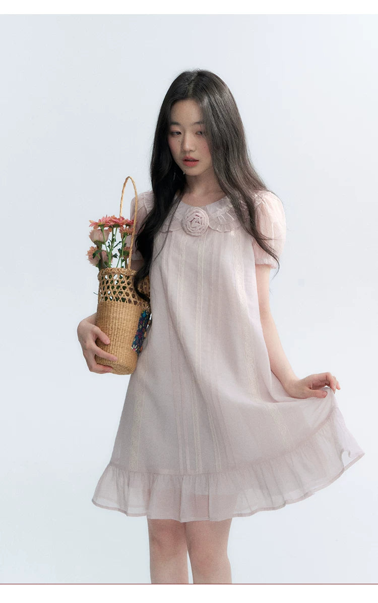 "Misty Wild Rose" Detachable Rose Lace Trim Puff Sleeve Midi Dress