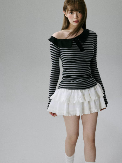 LOST FOREST - Striped Asymmetrical Lyocell-Wool Layering Top