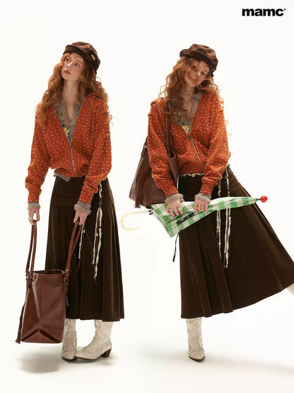 MAMC - Orange Polka Dot Textured Zip-Up Hooded Knit Cardigan