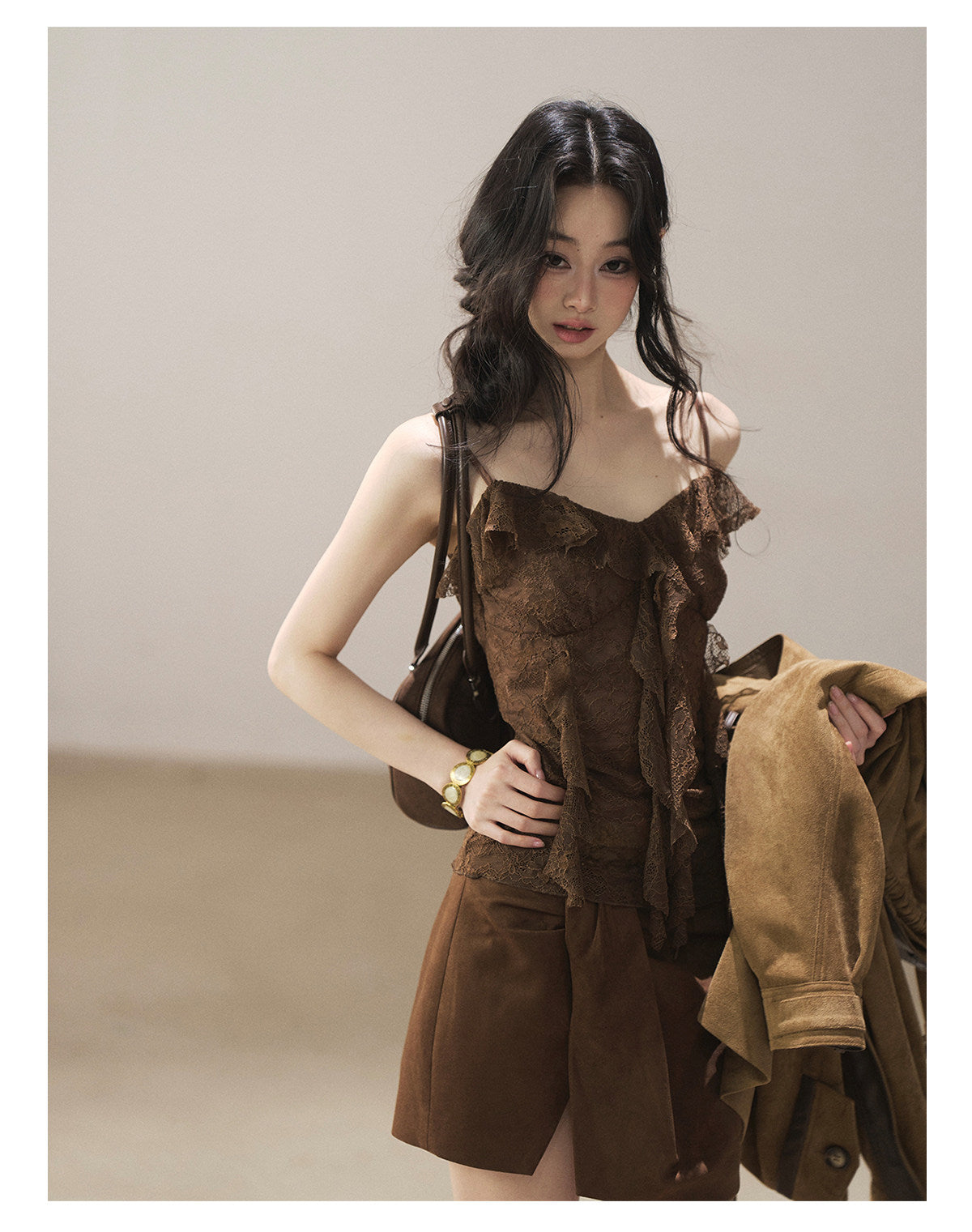 170726 "Sunset Melted Into Lace" Rich Cocoa Lace Ruffle Cami Top