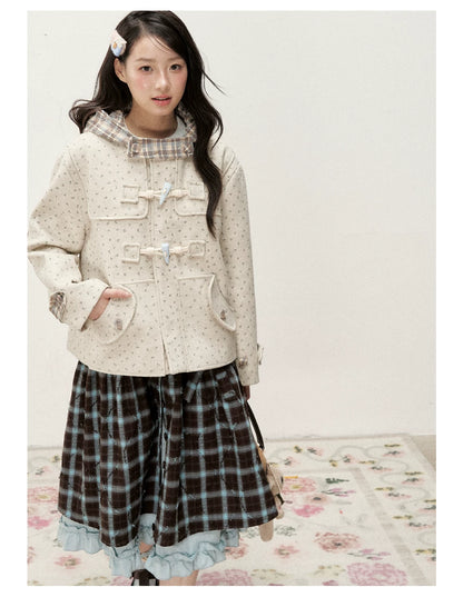[RF] Blue & Brown Plaid Midi Skirt with Floral Buttons & Ruffle Trim