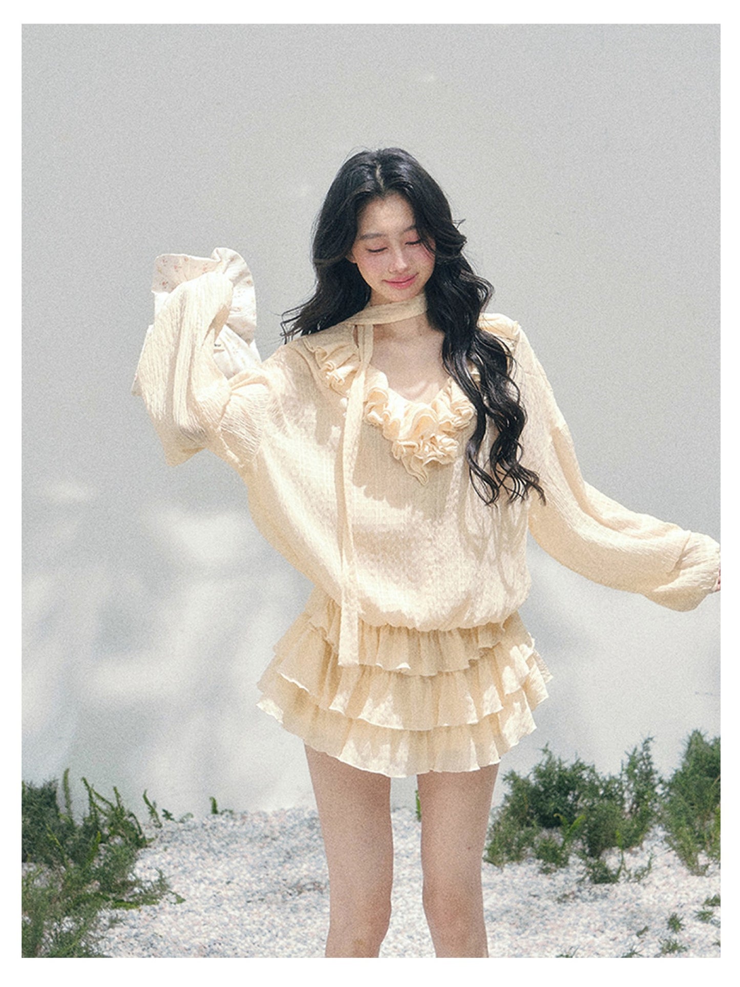 少也眼 “Evening Breeze Skirt” Milkshake Yellow Tiered Chiffon Mini Dress with Scarf Tie & Shorts 534583